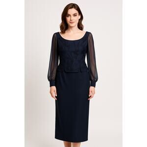 1990s Eve of Milady Navy Beaded Evening Dress with Sheer Sleeves M - L